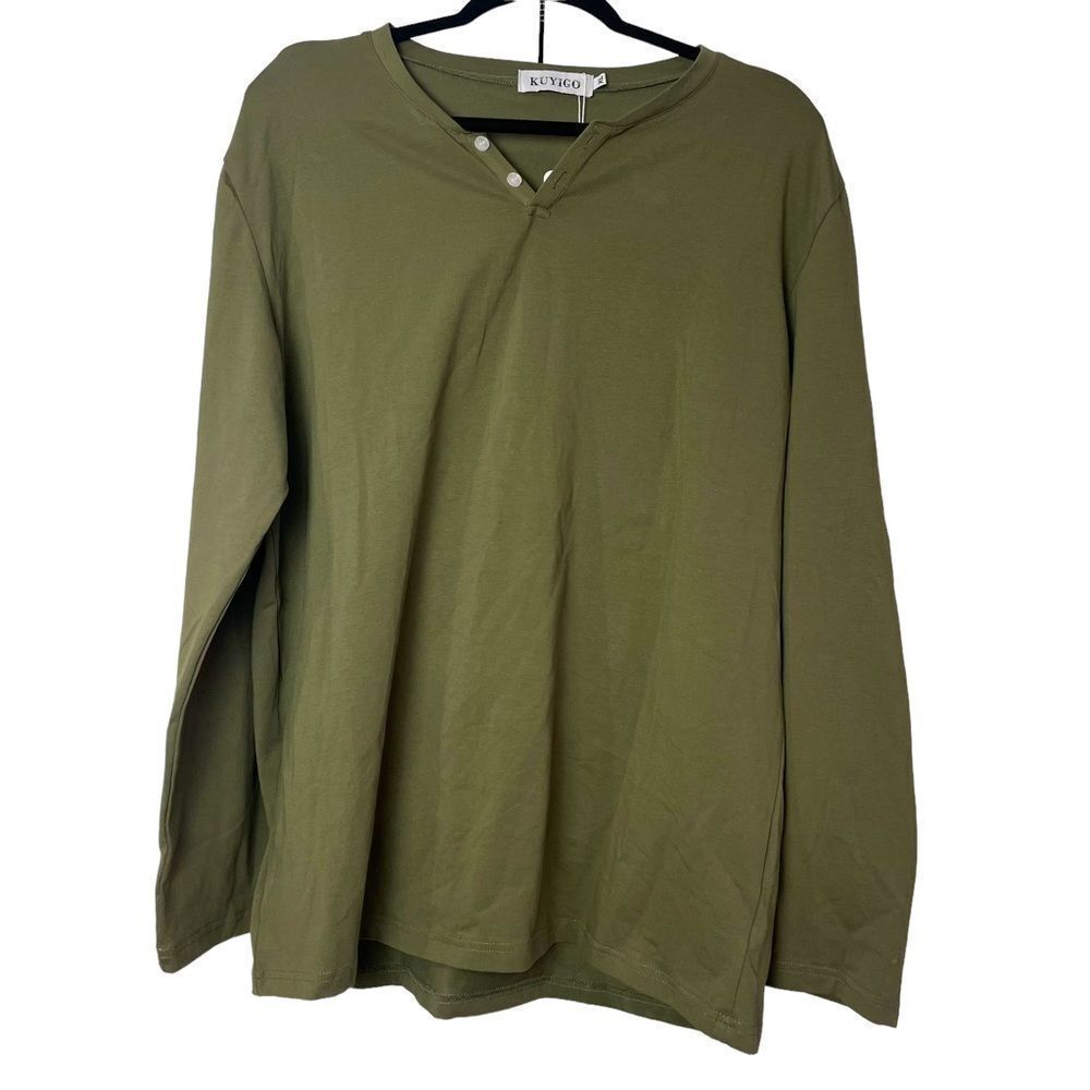 NWT Kuyigo Solid Olive Green Long Sleeve V Neck Tee Shirt 100% Cotton size XL
